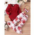 thumbnail image 2 of Infant Baby Girls Fall Clothes Solid Ribbed Long Sleeve Romper Flower Pattern Flare Pants Bow Headband Outfit, 2 of 8