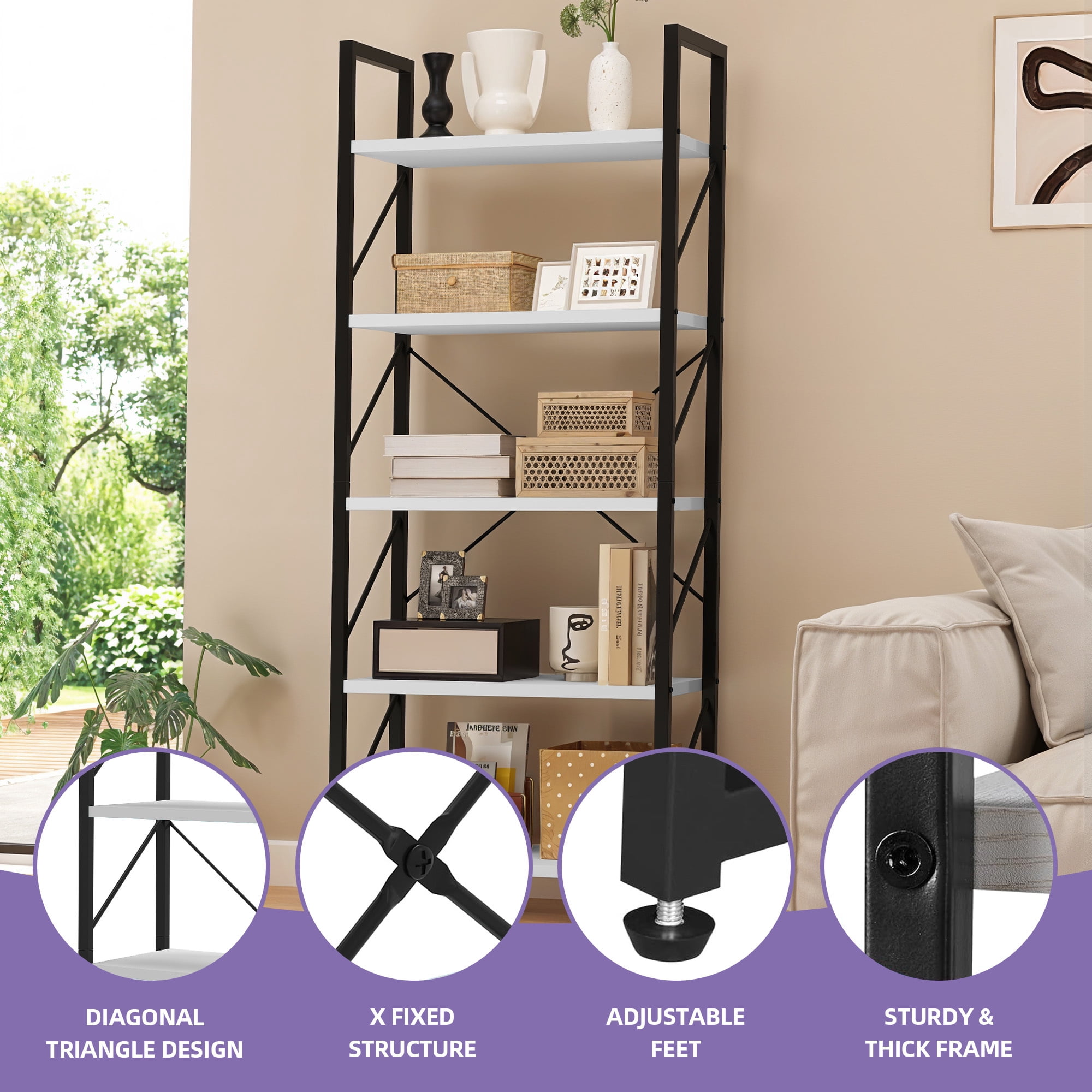 Uforic 5 Tier Bookshelf, Classic Home Office Bookcase Storage Organizer, Free Standing Book Rack, White
