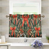 Yayeee Kitchen Curtains Light Filtering 27"x36" Rod Pocket Short Cafe Window Panel, Christmas Holly Bows