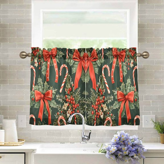 Yayeee Kitchen Curtains Light Filtering 27"x36" Rod Pocket Short Cafe Window Panel, Christmas Holly Bows