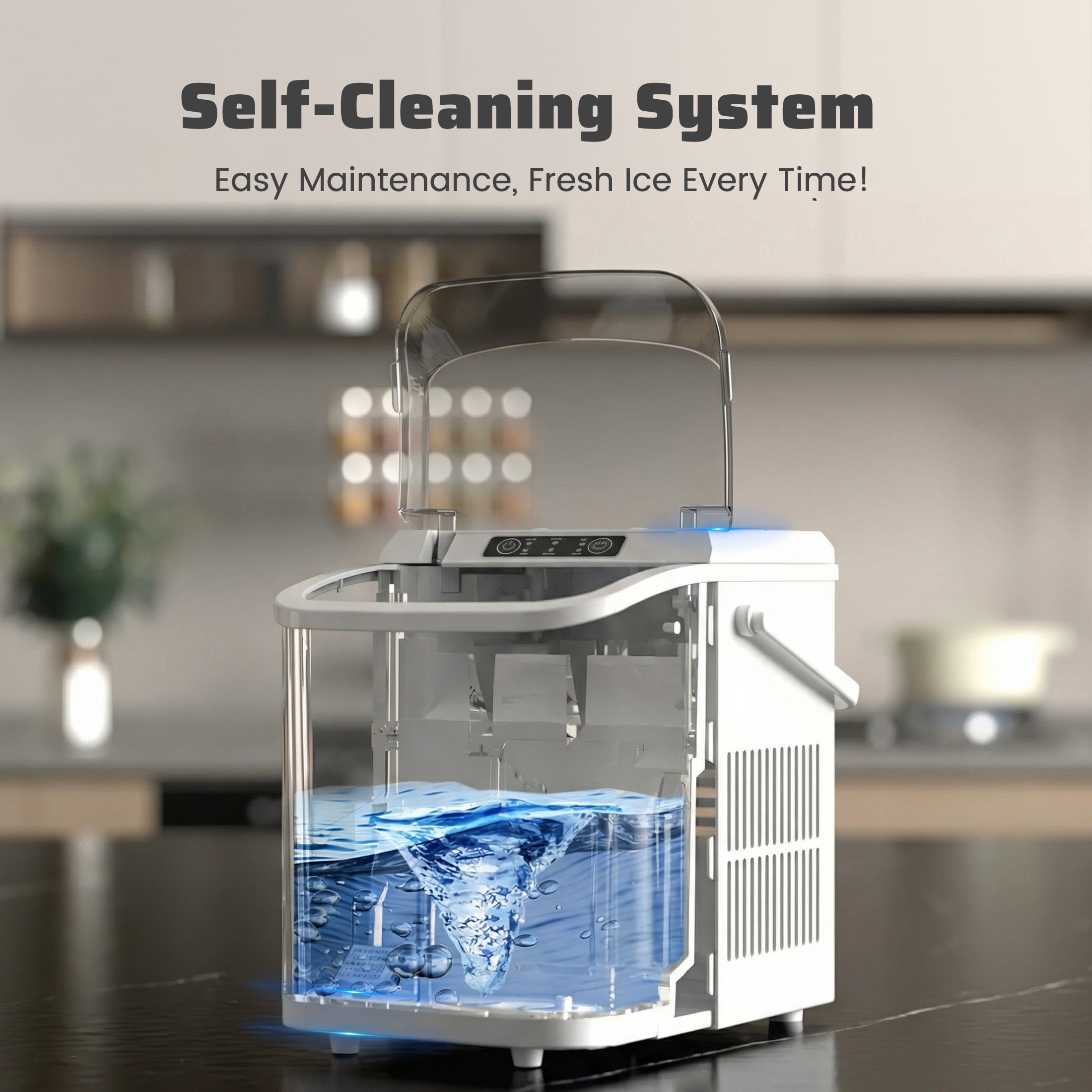 EDX Countertop Ice Maker, Self-Cleaning Portable Ice Maker Machine with Handle and Ice Scoop 9Pcs/6Min 26.5Lbs/24H White