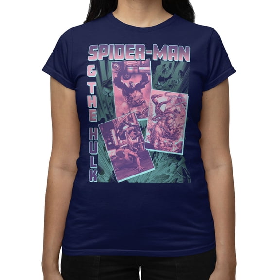 Marvel Comics Retro Women's Spider-Man and Hulk Action Panels T-Shirt (Iris Navy, S-XXL)