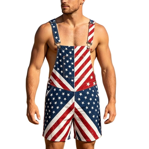 FUZHIQ Bib Overalls for Men Adjustable Straps Shorts Jumpsuit American Flag Printed Romper with Pockets for Independence Day Festival Daily Wear