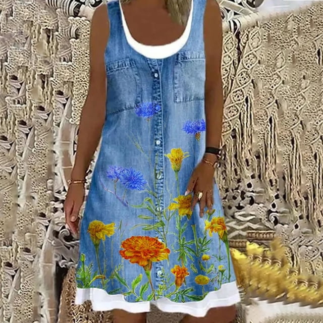 SMihono Robe d'Été pour Femmes Grande Taille Mode Femmes Décontractée Aguichant à Col Rond à Imprimé Floral Fausse Robe Deux Pièces Sans Manches
