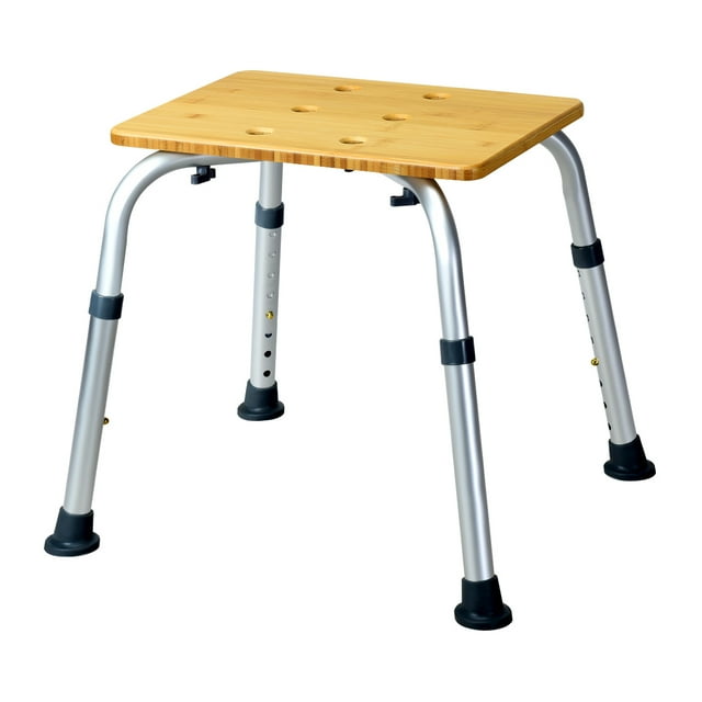 Patiojoy Bathroom Stool Square Bath Wash Armless Chair Bamboo & Aluminum Tube