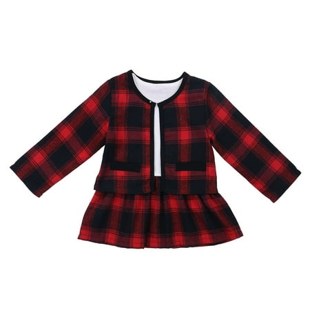 

Christmas Baby Girls Lovely Dress Plaid Print Long Sleeve Tops+Coat Party 2Pcs New Year Suits