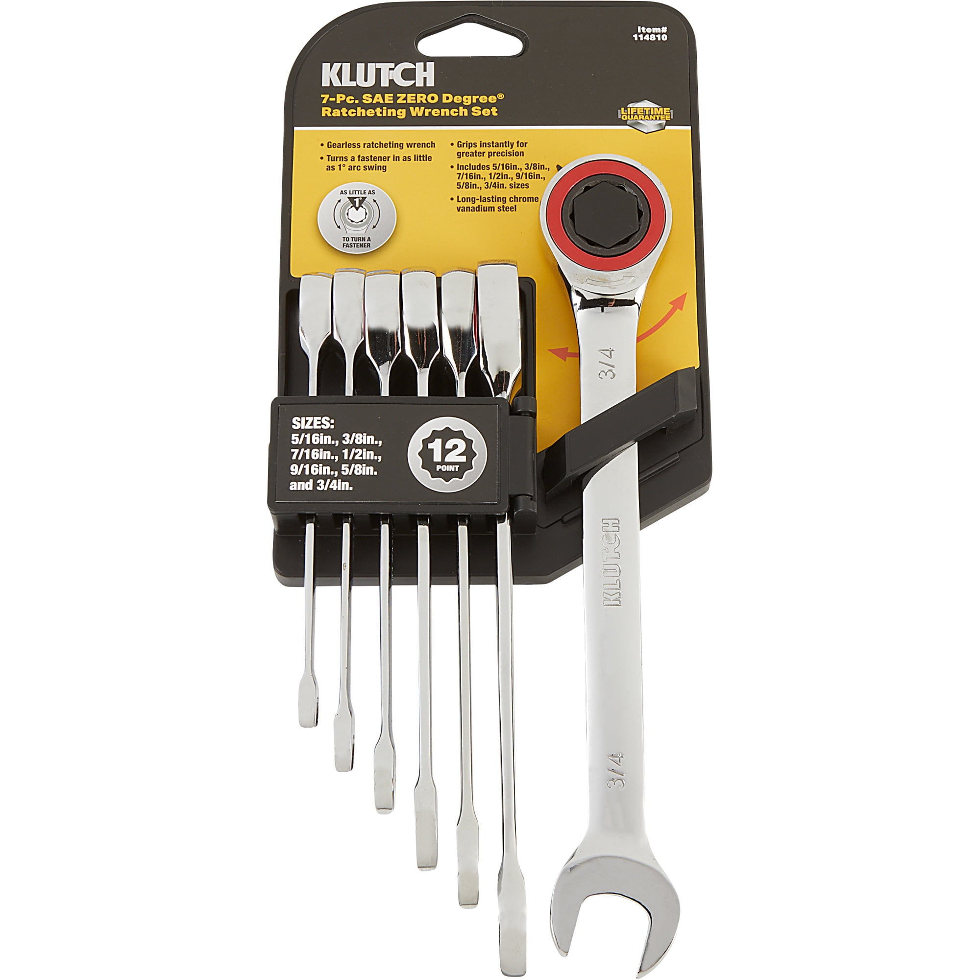 Klutch 0° Gearless Ratcheting SAE Wrench Set, 7-Pc., 12-Pt.