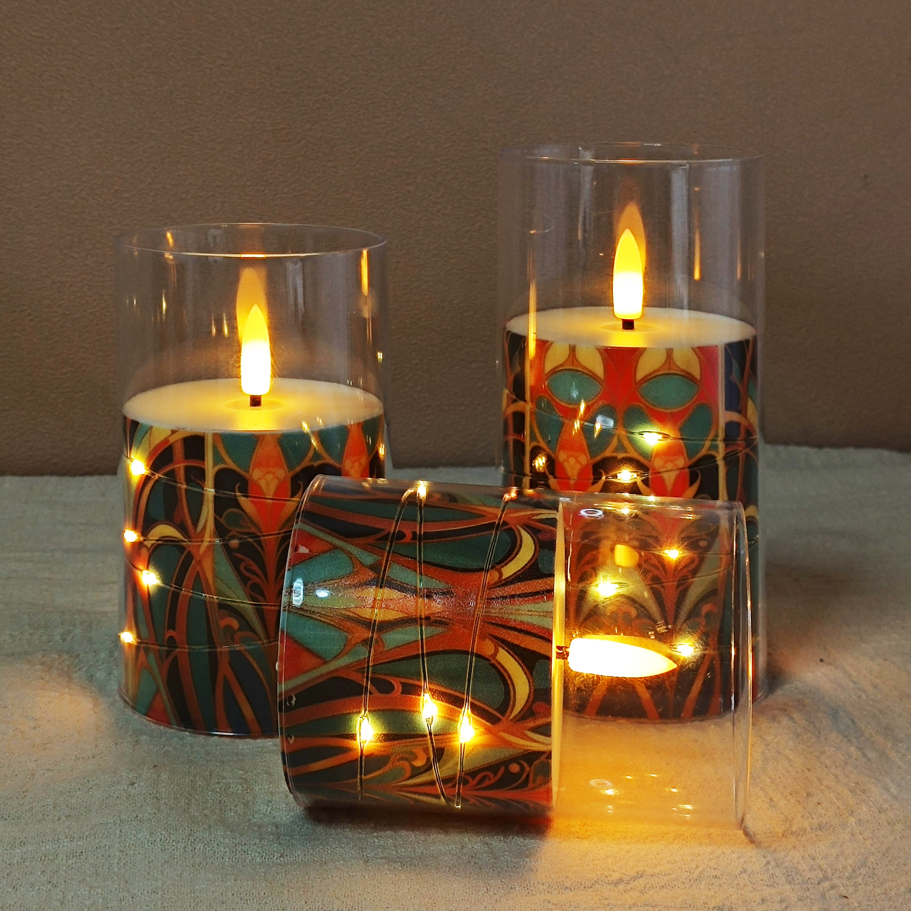 Flameless Candles with String Lights LED Candle Battery Operated Candles with Remote Control,Printed Pillar LED Candles for Wedding Holiday Party Table Home Decorations,Set of 3