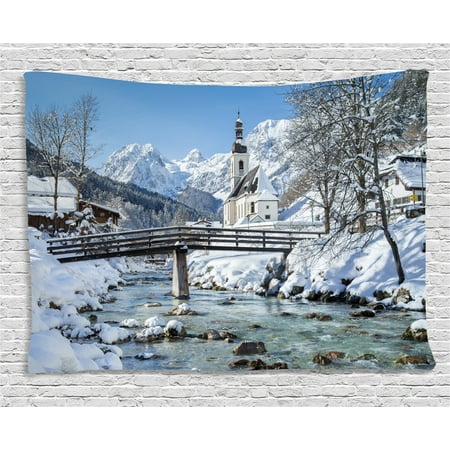 Winter Tapestry, Panoramic View of Scenic Landscape in Bavaria Parish Church of St. Sebastian, Wall Hanging for Bedroom Living Room Dorm Decor, 60W X 40L Inches, Blue Brown White, by