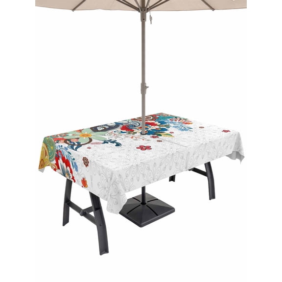 Outdoor Tablecloth with Umbrella Hole and Zipper, Bohemian Floral Rectangle Table Cloth 60x120 Inch Waterproof Tablecloth, Retro Abstract Flowers Boho Ethnic Picnic Table Cover for Patio Camping