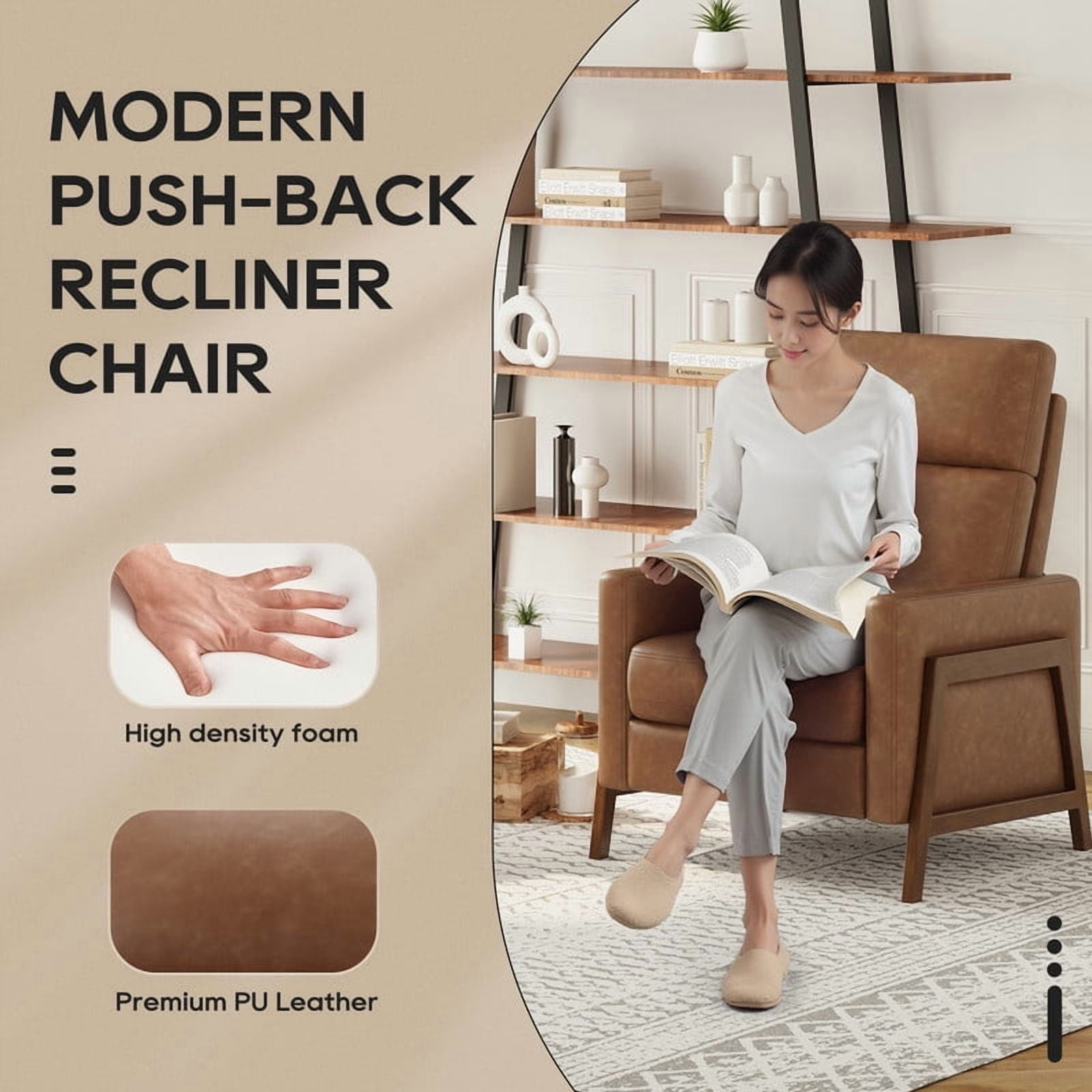 COLAMY Push Back Recliner Chair, Cocoa Manual Leather Recliner Accent Chair, Modern High Back Armchair with Padded Headrest and Solid Wood Frame for Bedroom, Nursery Chair