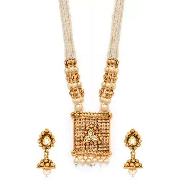 Artificial Imitation Elegant Jewellery Set Traditional Stylish Ethnic Wear Gold Plated Pearl Stone Beaded Necklace set Earrings(SMTPNE6830M9254E0Gld)