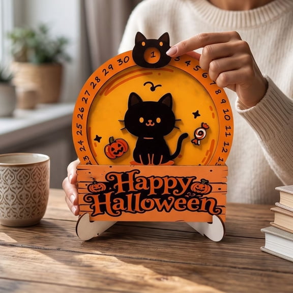 Dalxymotic Halloween Countdown Calendar, Black Cat Wooden Wheel Desk Ornament, Halloween Decorations Indoor Outdoor, Fall Decor, Spooky Desk Calendar for Home, Shelf, Table, Mantel