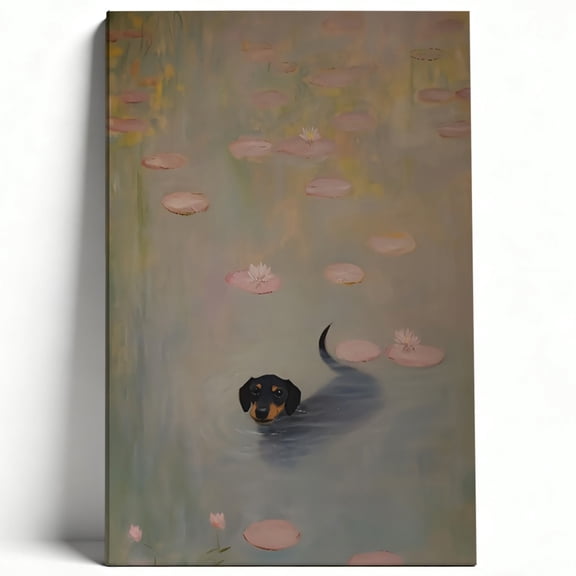 Claude Monet Dachshund in Water Lilies Canvas Wall Art Impressionist Dog Painting Cute Doxie Poster Living Room Bedroom Decor Print Ready to Hang 8*12