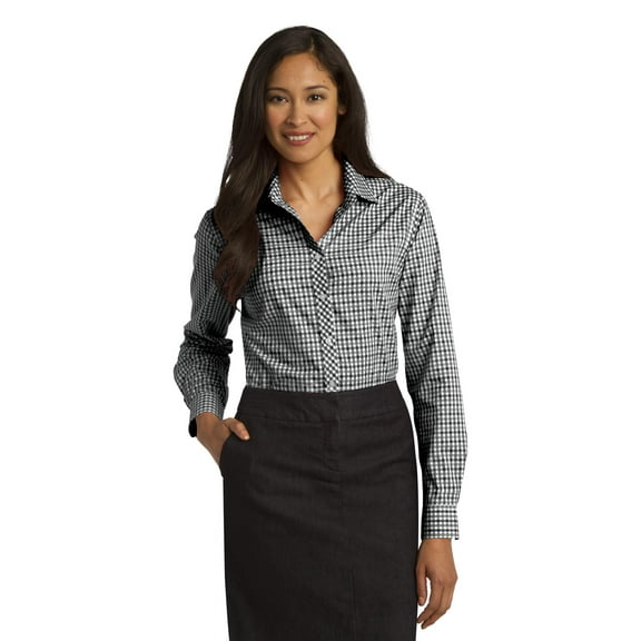 Port Authority Ladies Long Sleeve Gingham Easy Care Shirt-4XL (Black/ Charcoal)
