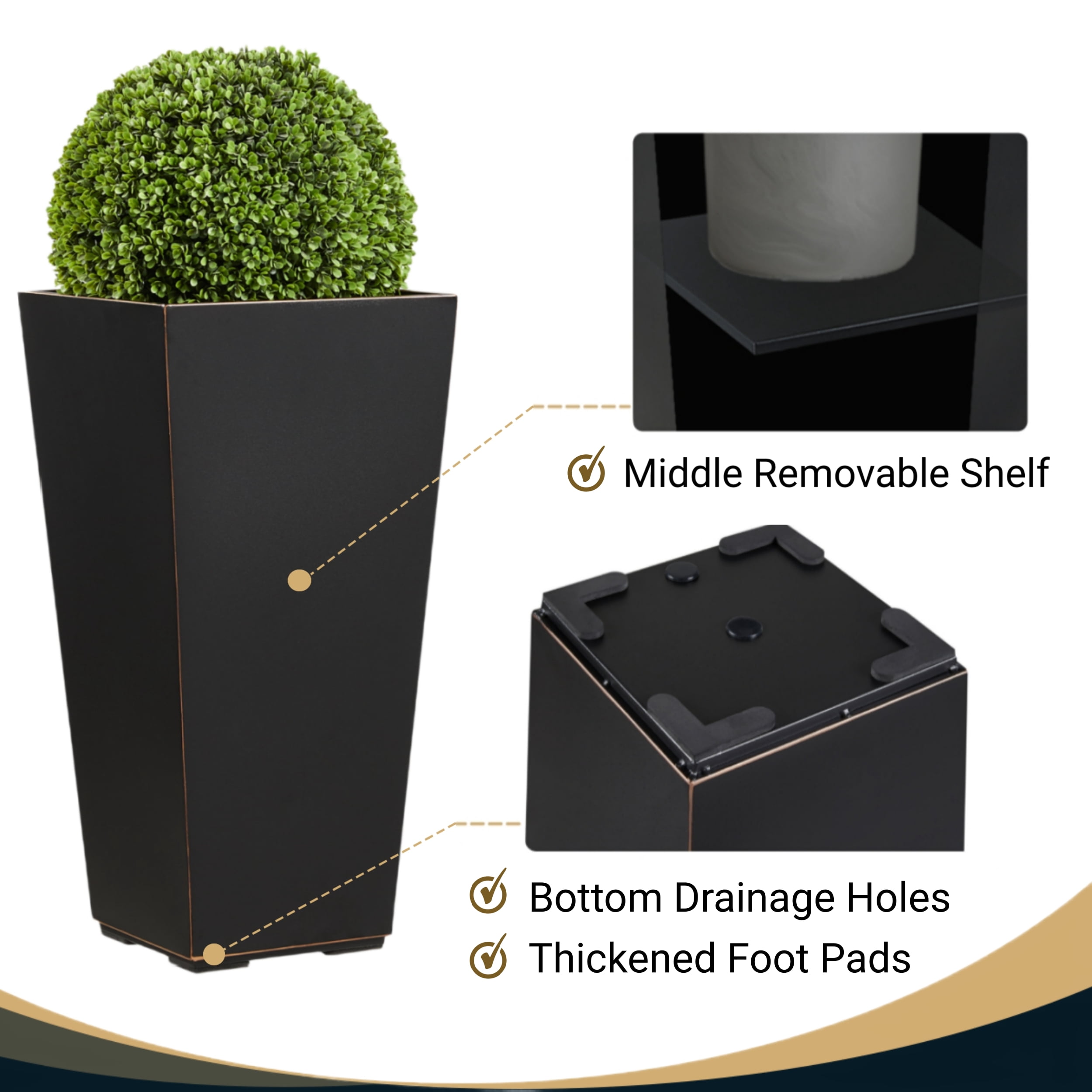 Wallowa 26H inches Metallic Taper Planter for Indoor and Outdoor Tall Planter for Front Porch, Patio, Deck, Garden Set of 2 Black