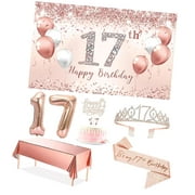 SKYSONIC 25th Birthday Party Decor Set for Women, Rose 25 Banner and Tablecloth, Fabulous at 25 Sash and Tiara, Happy 25th Birthday Cake Topper, 25 Number Balloons