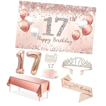 SKYSONIC 25th Birthday Party Decor Set for Women, Rose 25 Banner and Tablecloth, Fabulous at 25 Sash and Tiara, Happy 25th Birthday Cake Topper, 25 Number Balloons