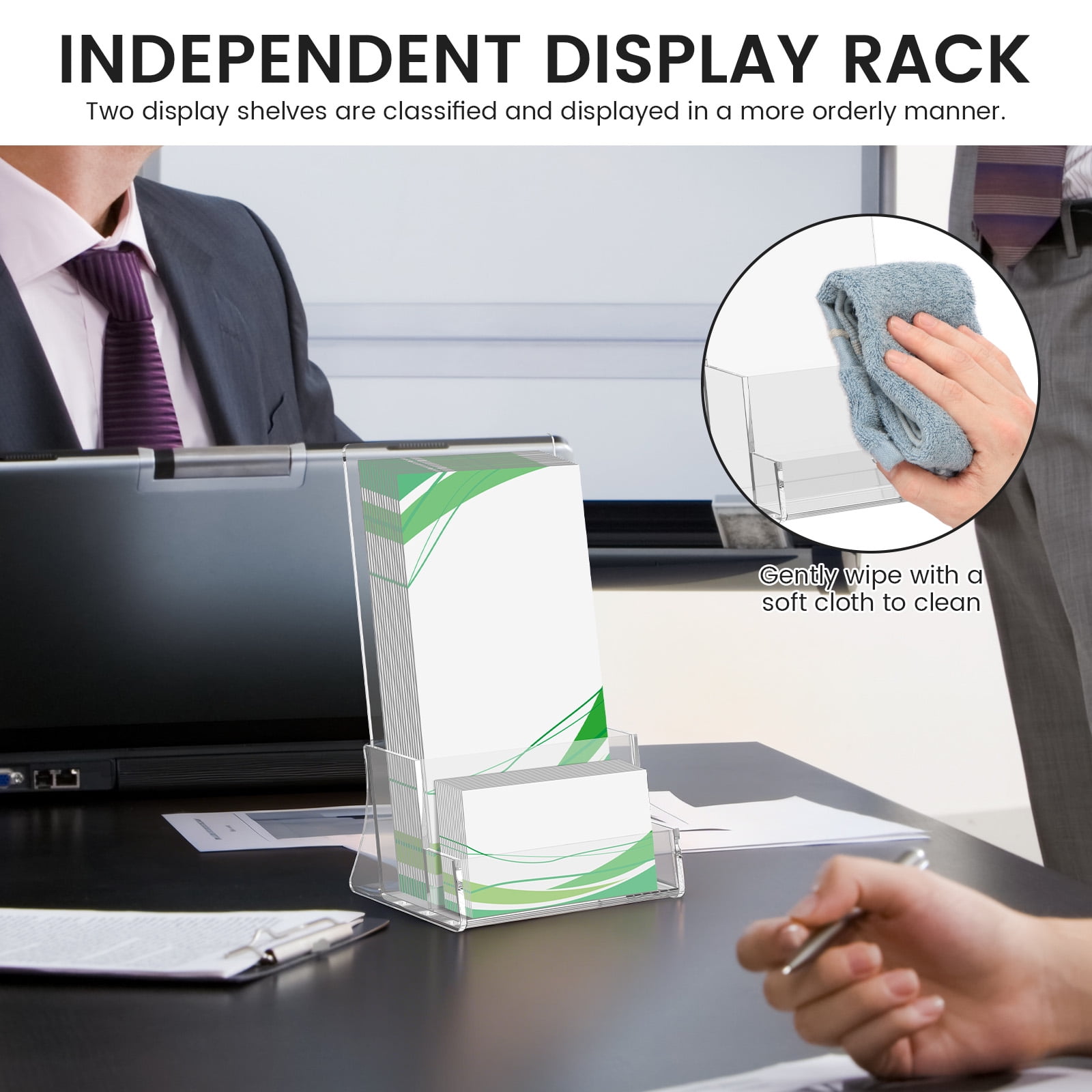 2 Pack Acrylic Brochure Holder Stand 4.5‘’ Clear brochure and business Rack Card Holder Stand Plastic Flyer Display Stand for Magazine Pamphlet Booklets Menu Journals Business Card