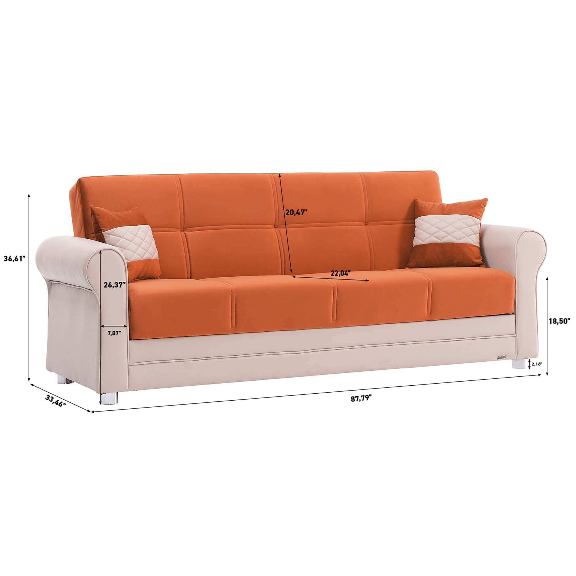 Ottomanson Paradise Sofa Bed with Storage 74", Orange Microfiber