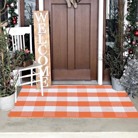 euoloart Cotton Buffalo Plaid Rug, 27.6"x43.2" Orange White Washable Doormat for Outdoor Patio Porch