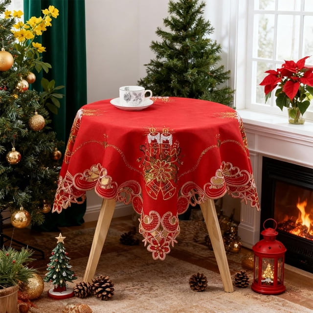 Mantel Redondo Rojo Navideño de 80 X 80 Cm con Diseño de Vela | Mantel Festivo para La Mesa | Material: Poliéster | Paño Antipolvo | Peso: 0,15 Kg