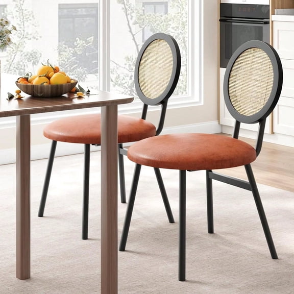 Modern Rattan Dining Chair Set Of 2 Or 4, Faux Leather Upholstered Seat, Hand-Woven Cane Back, Cantilever Metal Legs – Comfortable For Dining Room Or Kitchen
