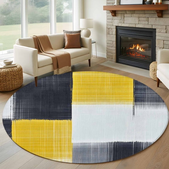 Yellow Black Geometric Round Rug 5ft Washable Circle Kitchen Rugs Non Slip Abstract Vintage Oil Painting Large Area Rug Indoor Floor Carpet for Bedroom Living Room Home Office Dining Room Nursery