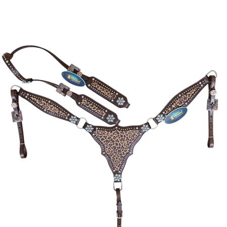 MOUSM Leopard Print One Ear Western Horse Headstall & Breast Collar Set with Silver Studs - Premium Argentina Cow Leather - Ideal for Horse Lovers