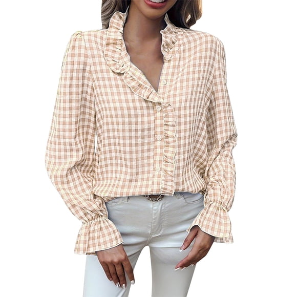cfhntfmh Womens Long Sleeve Button down Shirts Plaid Ruffle V Neck Blouse Business Casual Work Tops Fall Fashion Blouses