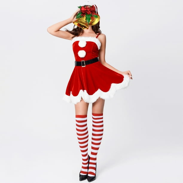 Conjunto navideño de 3 piezas para mujer, ajustado, color sólido, con cinturón, sombrero, traje de vacaciones FLhrweasw Para estrenar