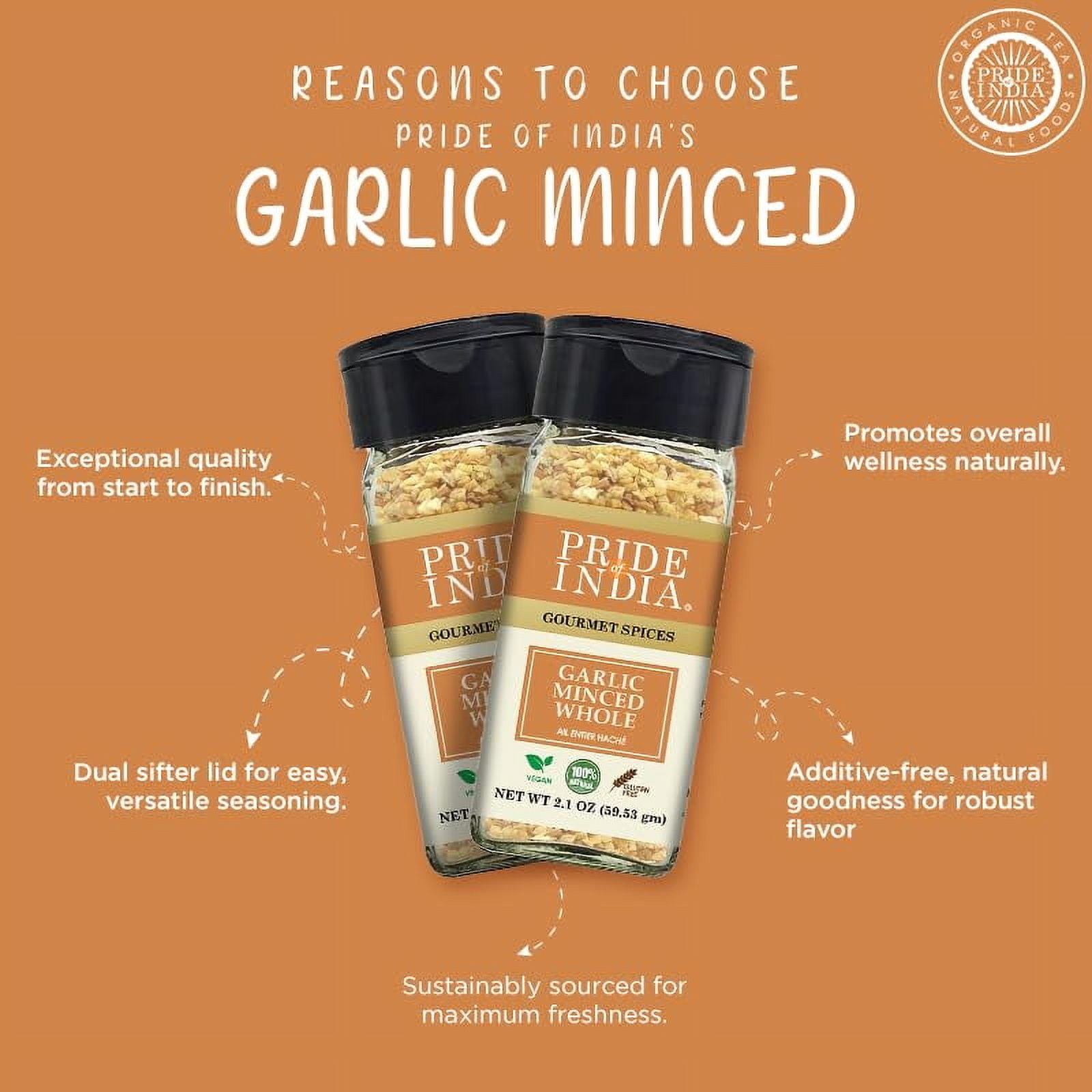 Pride of India - PACK of 6 - Garlic Minced – Gourmet Seasoning – Ideal for Dips/Sauces/Bread/Salad/Stir-Fries – Ideal Pantry Condiments – Easy to Use – 1.9 oz. Small Dual Sifter Bottle