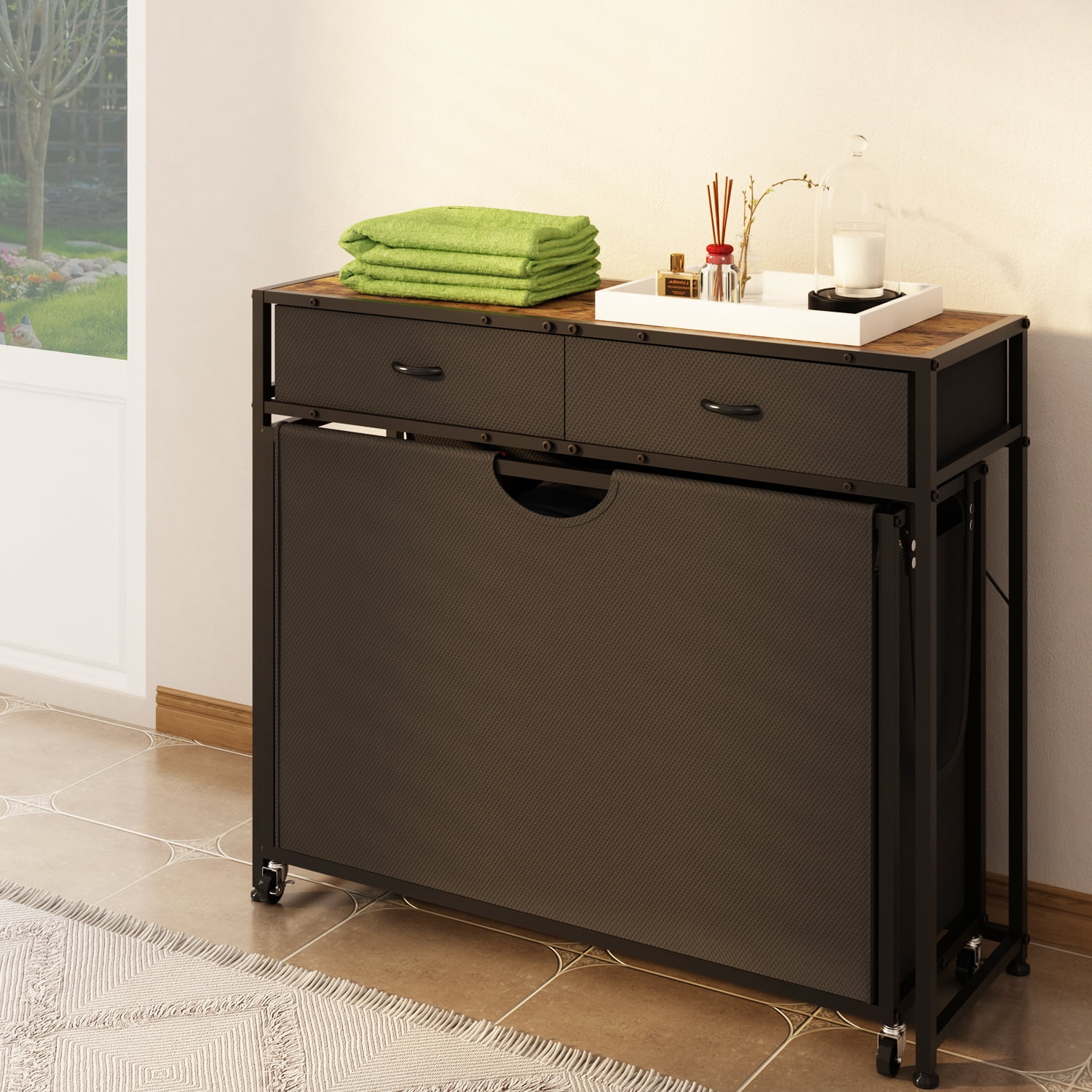 LENLN 3-Section Laundry Hamper Sorter，Laundry Basket with wheels，Movable Rolling Laundry Baskets Cart,Pull-Out Baskets and 2 Drawers Storage Organizer，Laundry Butler for Bathroom Bedroom Laundry Room