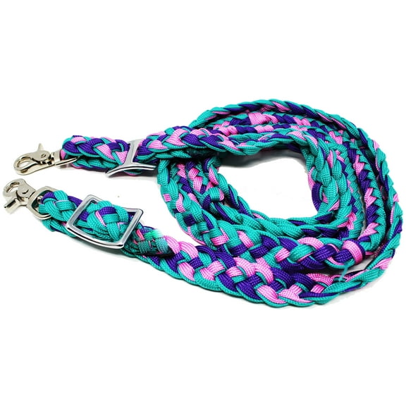 Roping Knotted Western Barrel Reins Nylon Braided Pink Turquoise 60770