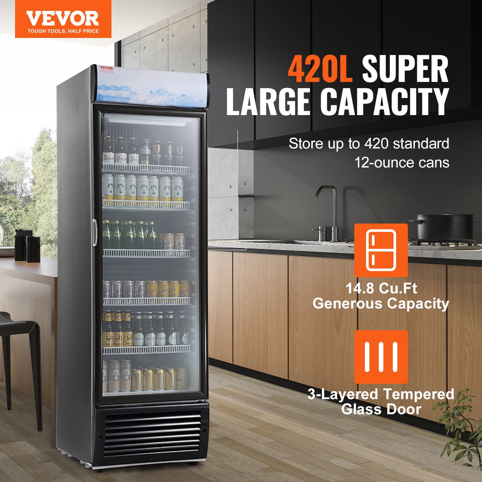 VEVOR Commercial Merchandiser Refrigerator,14.8 Cu.Ft / 420L Beverage Refrigerator Cooler Merchandiser,Glass Door Display Refrigerator Upright Fridge with 5 Adjustable Shelves,Customizable Lightbox