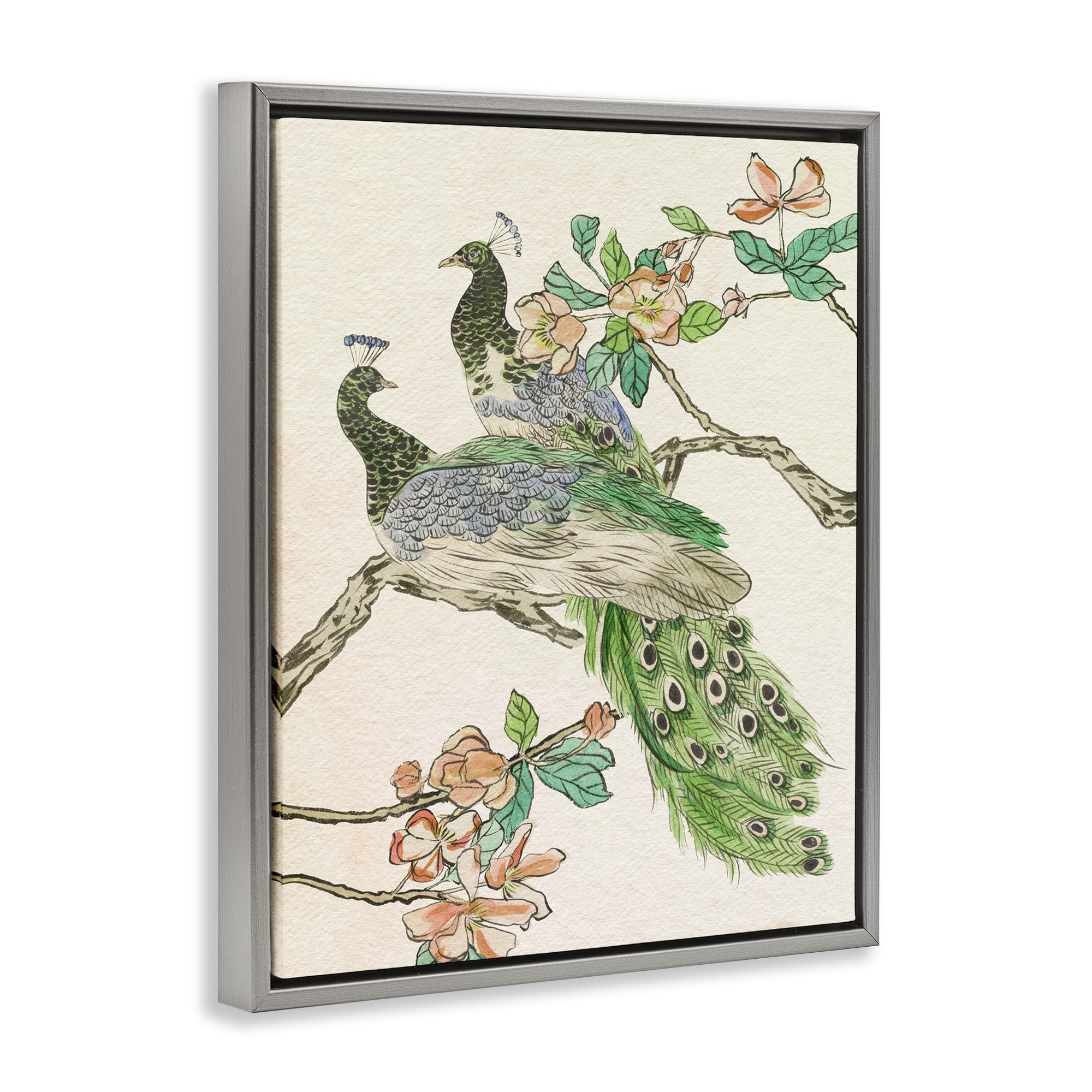 Stupell Industries Peacock Perched on Branch Animals & Insects Painting Gray Floater Framed Canvas Art Print Wall Art, 17 x 21