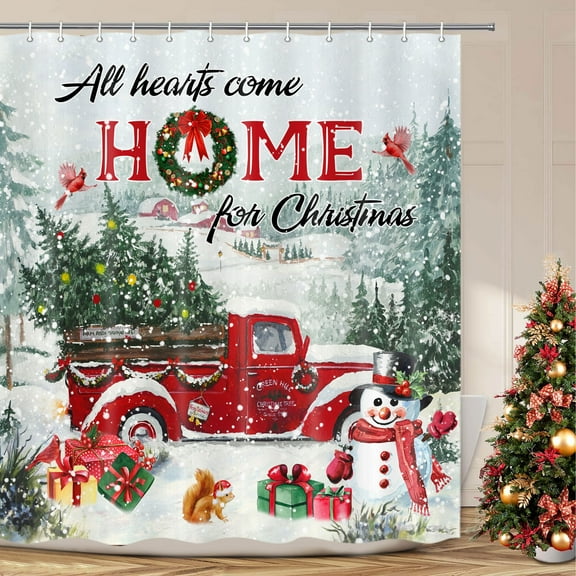 Christmas Red Vintage Truck Shower Curtain, Xmas Tree Winter Snow Snowman Shower Curtain, Rustic Retro Farmhouse Fabric Bathroom Decor 72 x72 Inches