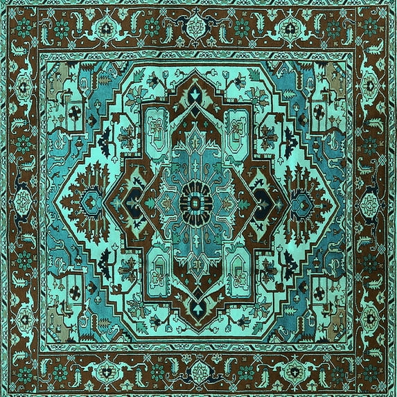 Ahgly Company Indoor Square Oriental Turquoise Blue Industrial Area Rugs, 7' Square