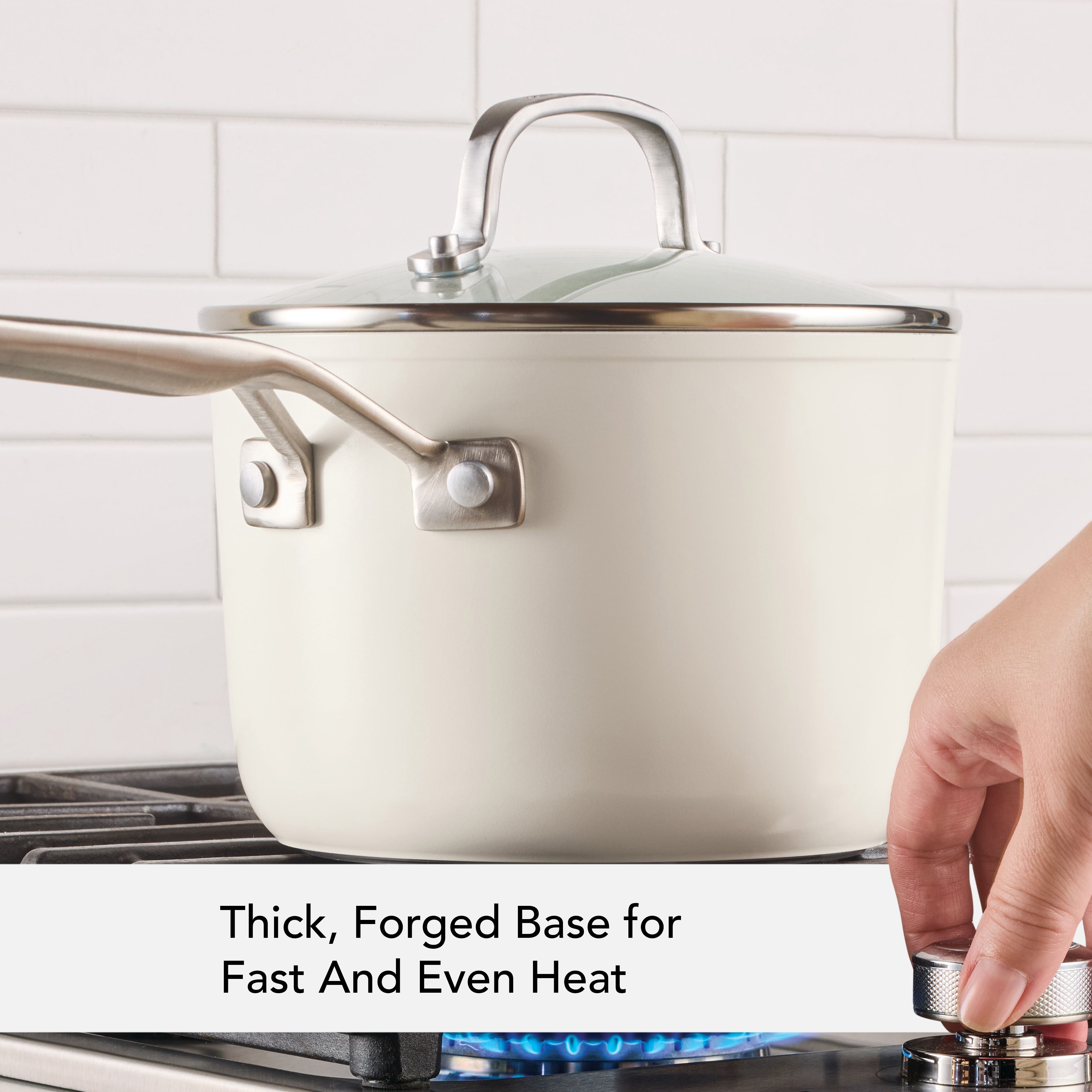 KitchenAid Hard Anodized 3 Quart Ceramic Nonstick Cookware Sauce Pan, Oven Safe to 500°F, Porcelain White