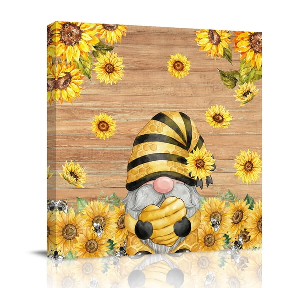 Summer Sunflower Canvas Wall Art for Living Room, Watercolor Flowers Cartoon Gnome Brown Wood Grain Wall Decor Framed Artwork Pictures Ready to Hang for Bedroom Office Home Decor