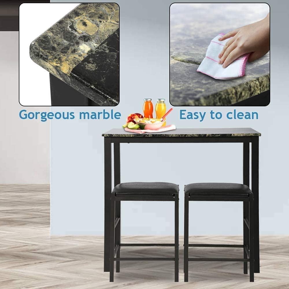 3 Piece Kitchen Dining Table Set Modern Dining Room Table Set for 2 Persons Dining Room Furniture Marble Rectangular Table & 2 Upholstered Dining Chairs for Kitchen