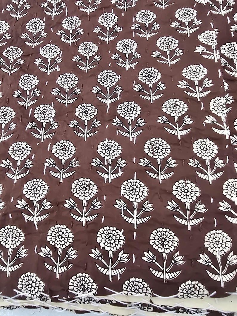 A And E Textiles House Brown Indian Block Print Kantha Quilt - Handmade, Cozy Throw Blanket