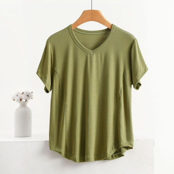 Pijama de manga corta para mujer, color liso, manga corta, camiseta fina, pijama de manga corta, blusa de poliéster