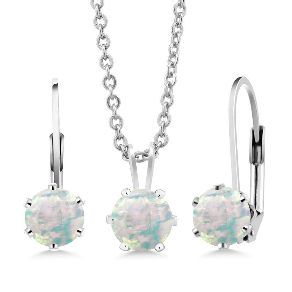 Round White Simulated Opal Rhodium Plated Pendant Earrings Set With Chain by
