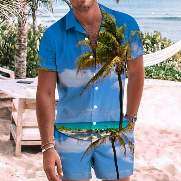 blue hawaiian shirt men's summer casual hawaii floral print shirt