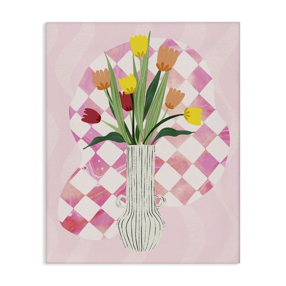 Stupell Industries Yellow Tulip Vase on Checkered Floral Painting Wrapped Canvas Canvas Art Print Wall Art, 16 x 20