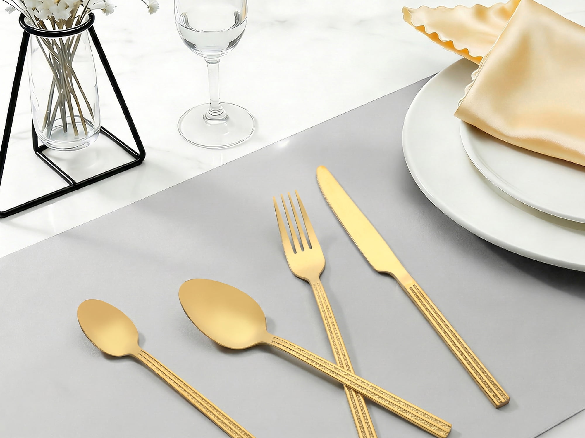 Unique Bargains Stainless Steel Flatware Set Knife, Fork, Spoon 4 Pieces Gold