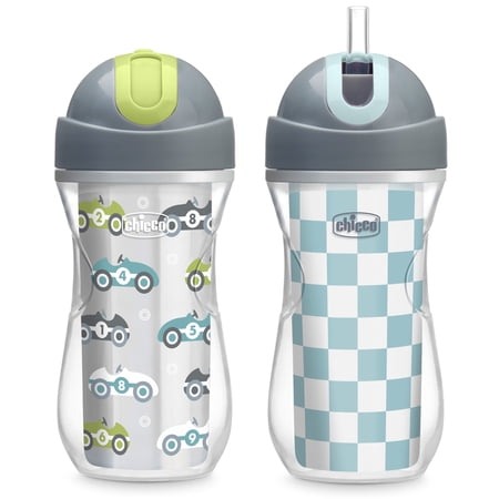Chicco 9oz. Flip-Top Straw Trainer with Soft Silicone Straw and Double-Wall Insulation, 12m+, 2-Pack - Cars/Checker, New