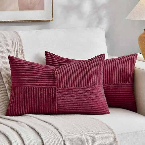 Wanhoo 2 Packs Burgundy Lumbar Decorative Throw Pillow Covers 12x20 Inch for Living Room Couch Bed, Farmhouse Boho Home Decor, Soft Striped Corduroy Rectangle Accent Cushion Case 30x50 cm