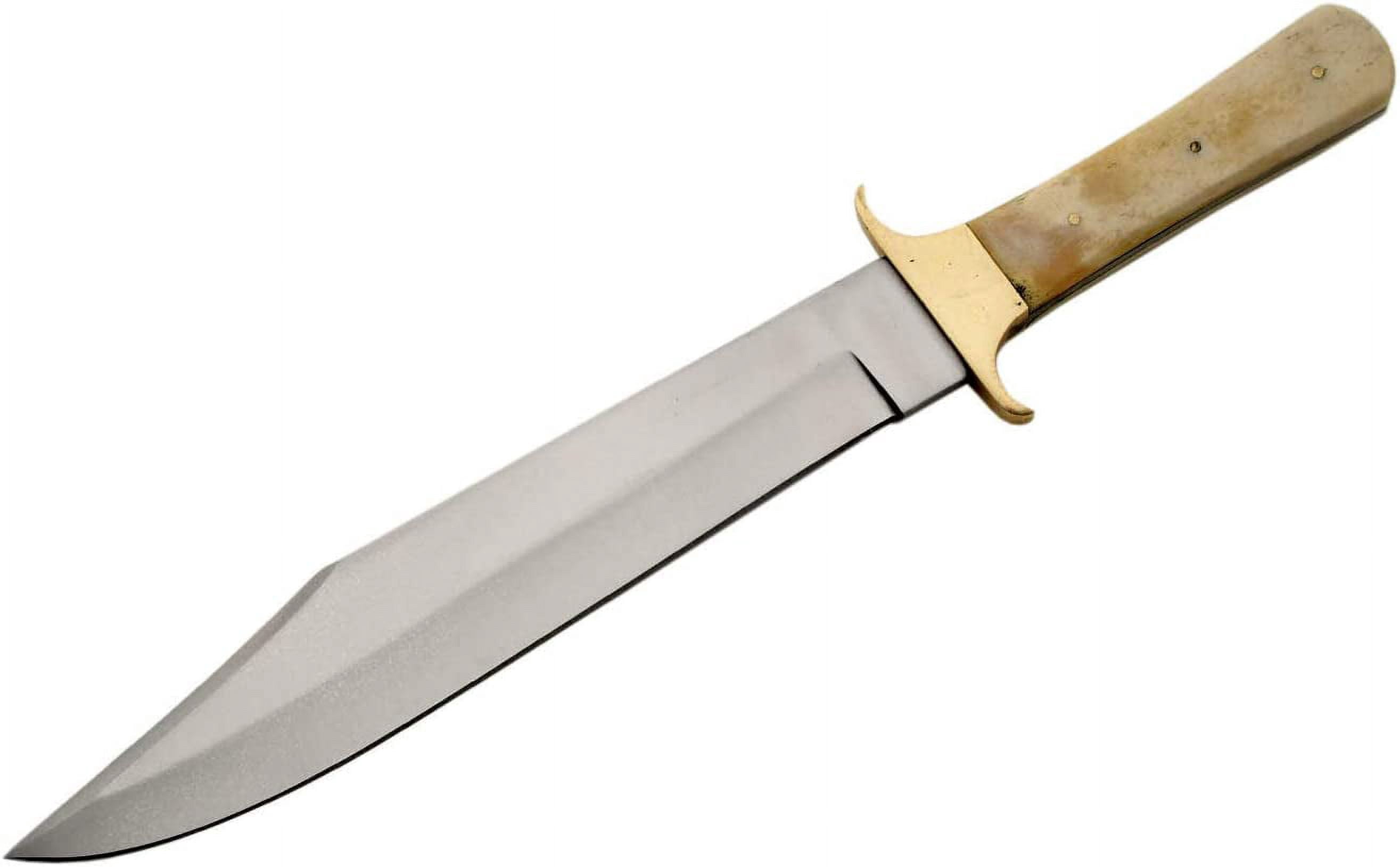 SZCO 15-Inch Oversized Fixed Blade Bowie Knife Authentic Bone Handle with Polished Brass Guard and Leather Sheath for Hunting and Survival
